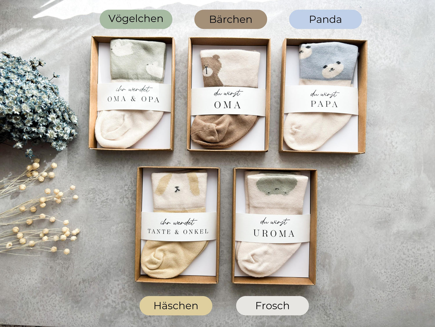 Schwangerschaft verkünden | Geschenkschachtel Wildblumen | Baby verkünden | Ihr werdet Oma und Opa | Babysocken Überraschung Baby