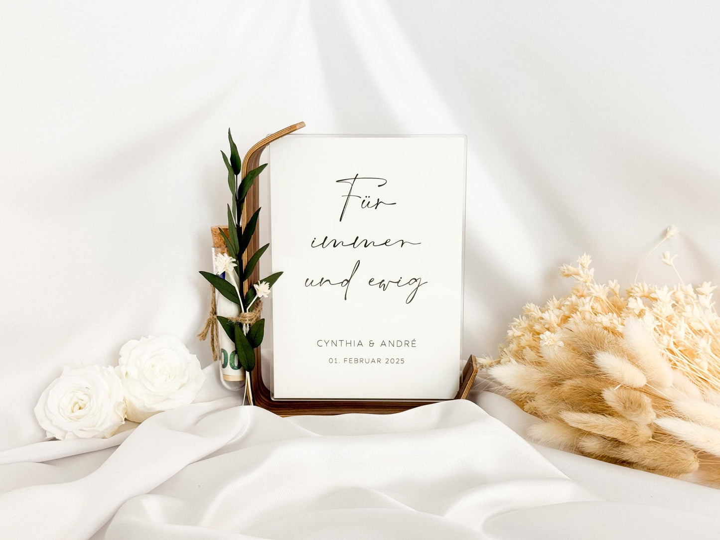 Geldgeschenk zur Hochzeit mit Strauß aus Trockenblumen | Acryl Bilderrahmen | personalisiert | Hochzeitsgeschenk | Brautpaar Geld für immer