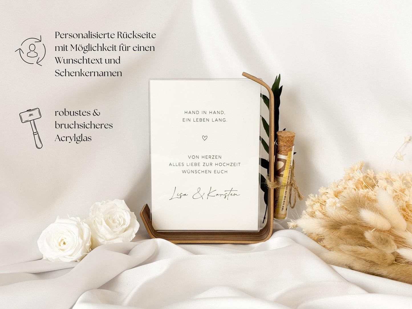 Geldgeschenk zur Hochzeit mit Strauß aus Trockenblumen | Acryl Bilderrahmen | personalisiert | Hochzeitsgeschenk | Brautpaar Geld für immer