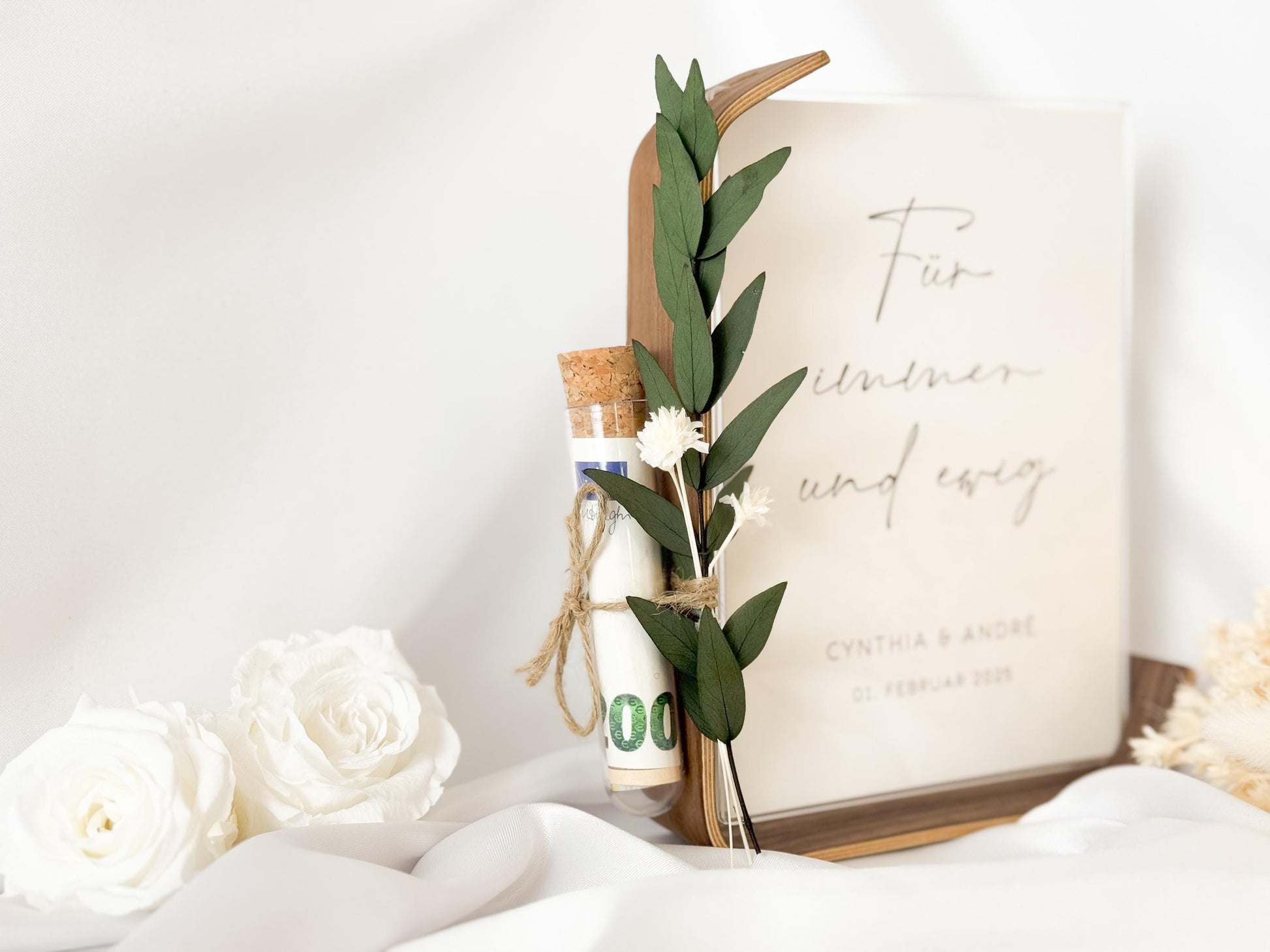 Geldgeschenk zur Hochzeit mit Strauß aus Trockenblumen | Acryl Bilderrahmen | personalisiert | Hochzeitsgeschenk | Brautpaar Geld für immer