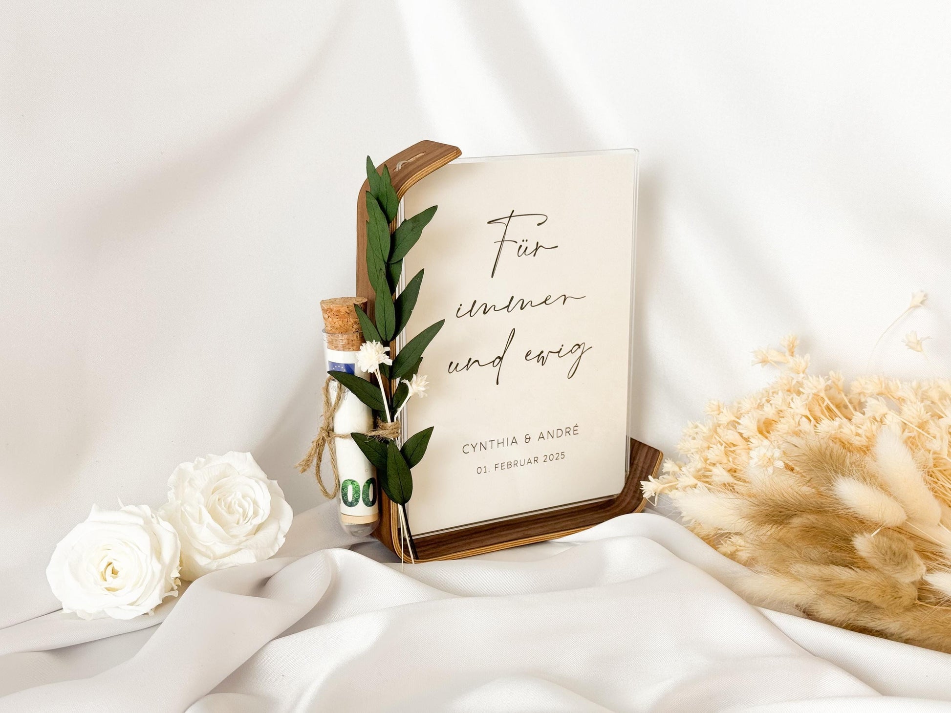 Geldgeschenk zur Hochzeit mit Strauß aus Trockenblumen | Acryl Bilderrahmen | personalisiert | Hochzeitsgeschenk | Brautpaar Geld für immer