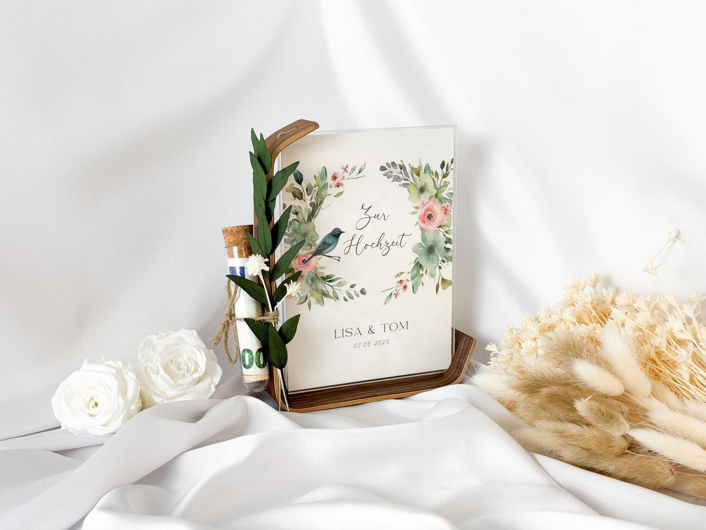 Geldgeschenk zur Hochzeit mit Strauß aus Trockenblumen | Acryl Bilderrahmen | personalisiert | Hochzeitsgeschenk | Brautpaar Geld Flower