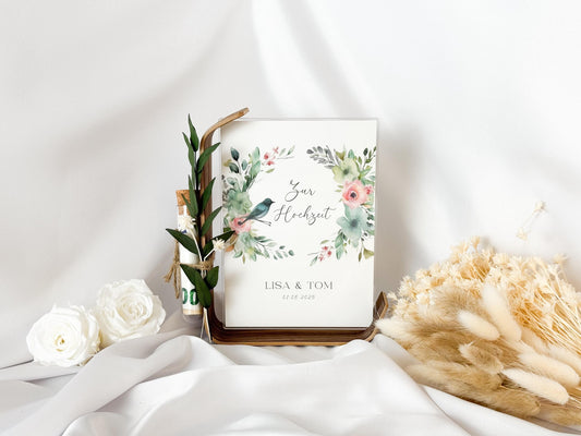 Geldgeschenk zur Hochzeit mit Strauß aus Trockenblumen | Acryl Bilderrahmen | personalisiert | Hochzeitsgeschenk | Brautpaar Geld Flower