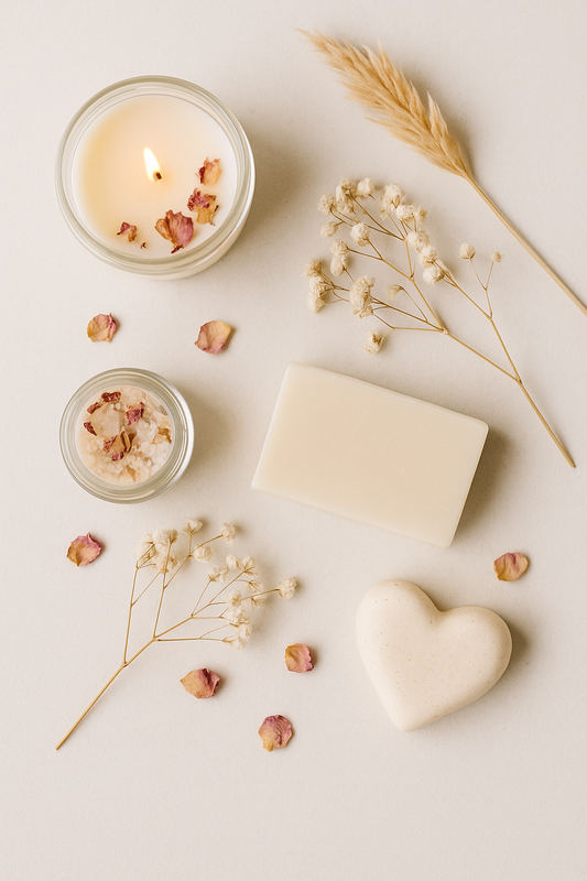 Minimalistisches Flatlay mit Wellness-Produkten für einen Adventskalender: handgemachte Seifen, Badezusätze, getrocknete Blüten und eine kleine Kerze in Beige und Rosé.