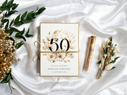 Geschenkschachtel zur goldenen Hochzeit personalisiert und mit Trockenblumenstrauß, kreatives Geldgeschenk
