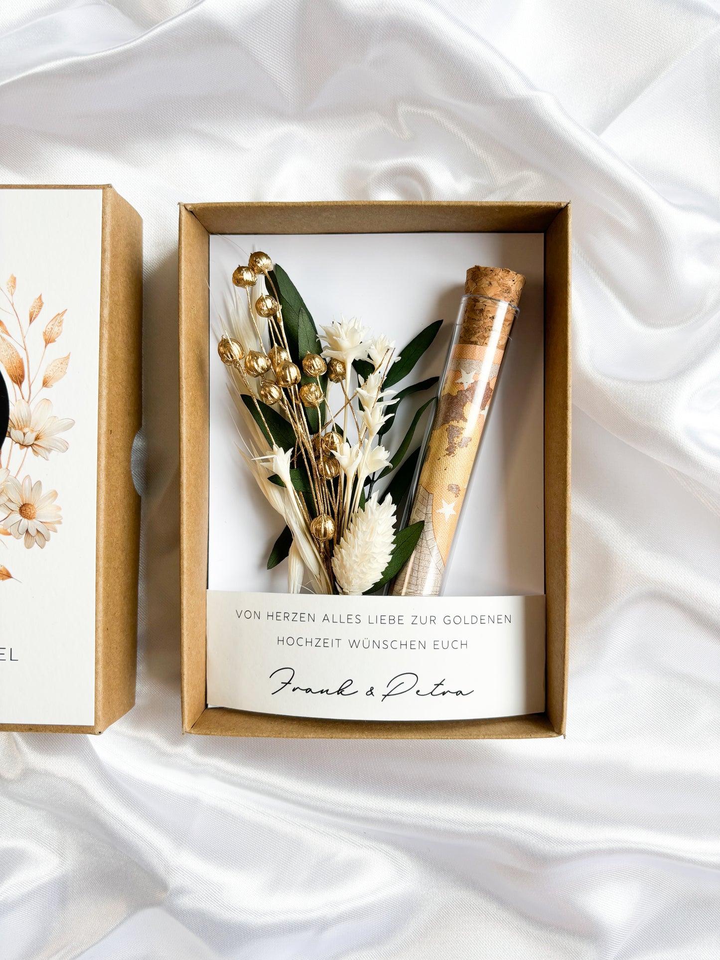 Goldhochzeitsgeschenk mit Strauß aus Trockenblumen | personalisiert | Hochzeitsgeschenk | Geschenkschachtel goldene Hochzeit Geldgeschenk