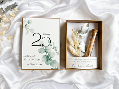 Geldgeschenk zur Silberhochzeit mit Strauß aus Trockenblumen | personalisiert | Hochzeitsgeschenk | Geschenkschachtel silberne Hochzeit