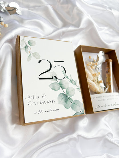 Geldgeschenk zur Silberhochzeit mit Strauß aus Trockenblumen | personalisiert | Hochzeitsgeschenk | Geschenkschachtel silberne Hochzeit