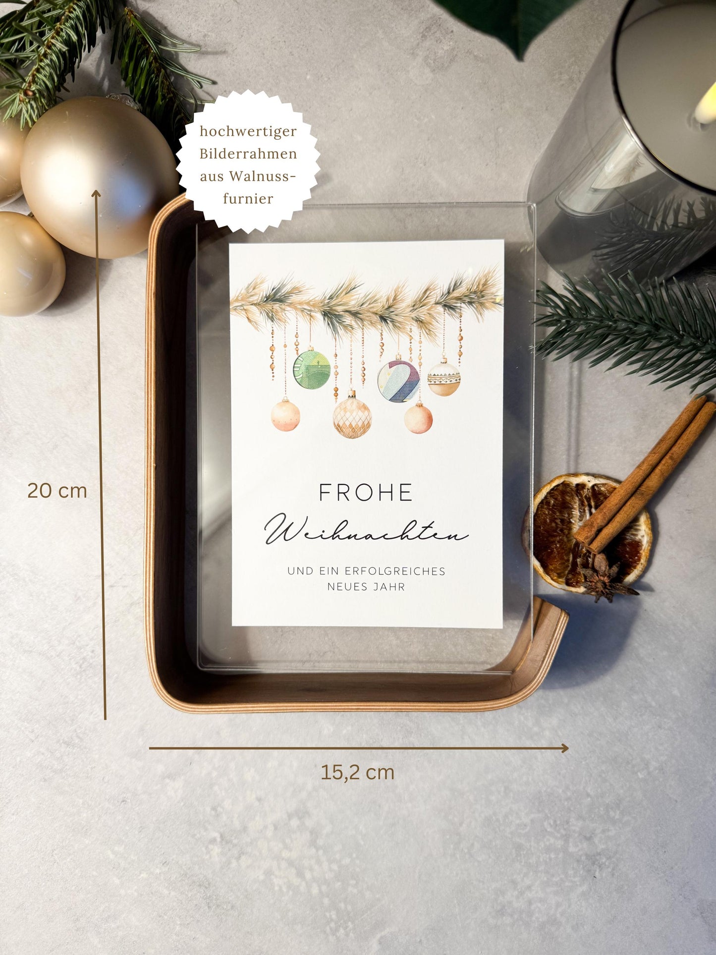 Geldgeschenk zu Weihnachten im Aufstellbilderrahmen aus Walnussfurnier und Acrylglas