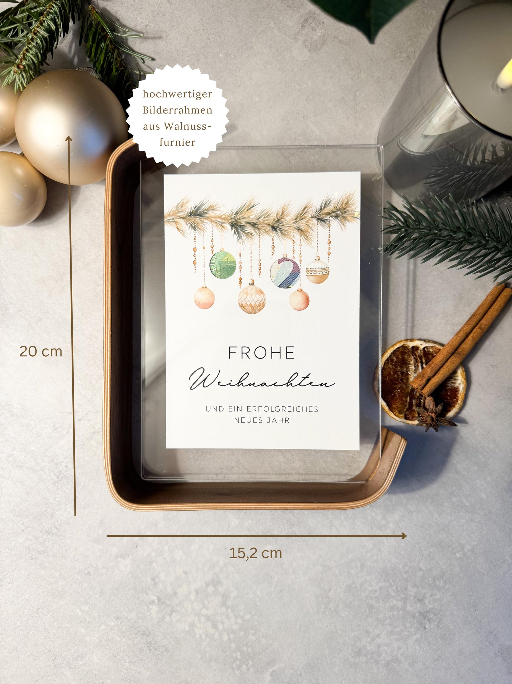 Geldgeschenk zu Weihnachten im Aufstellbilderrahmen aus Walnussfurnier und Acrylglas