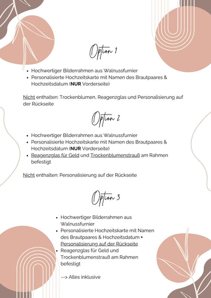 Geldgeschenk zur Hochzeit mit Strauß aus Trockenblumen | Acryl Bilderrahmen | personalisiert | Hochzeitsgeschenk | Brautpaar Geld Flower