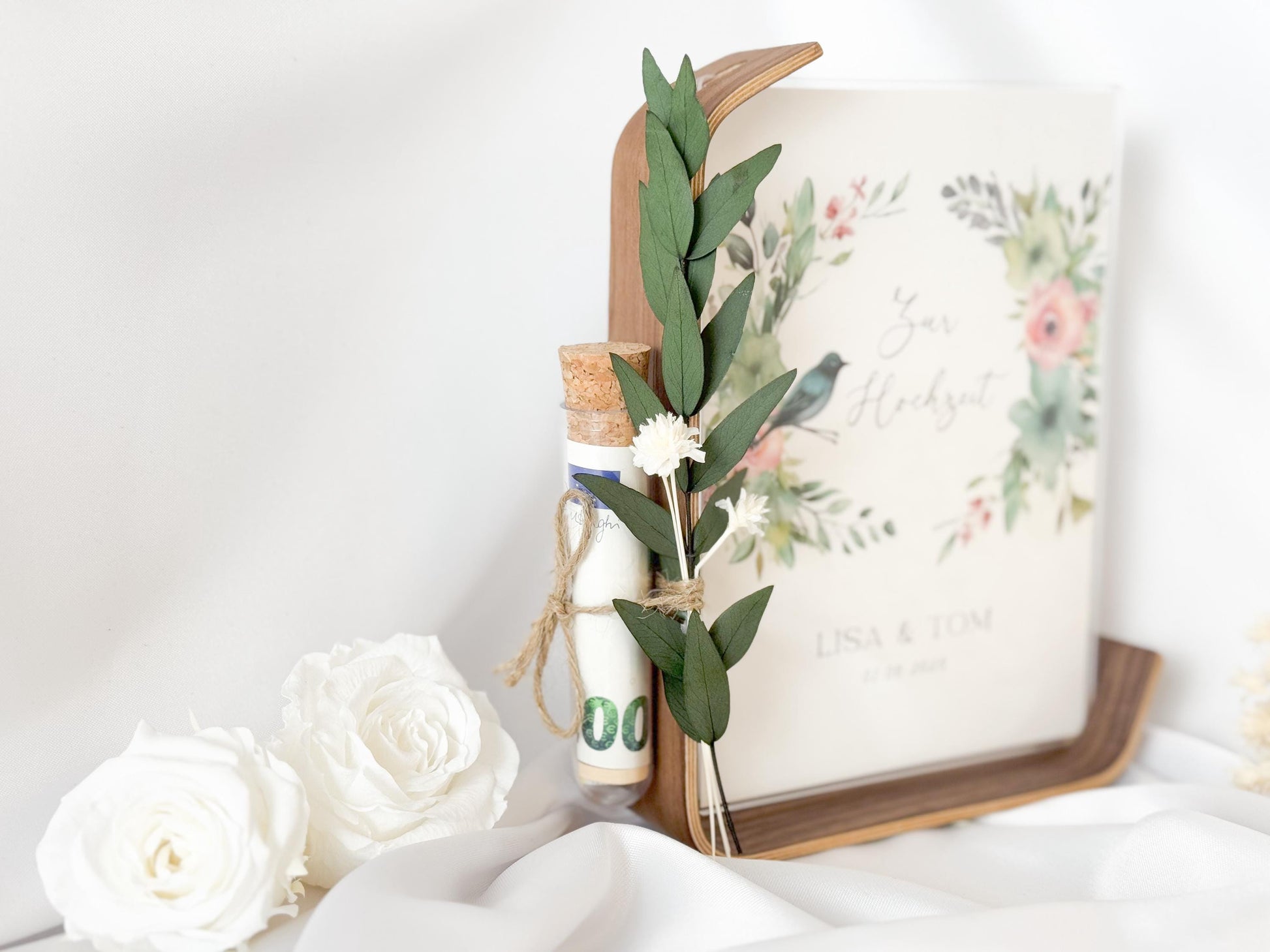 Geldgeschenk zur Hochzeit mit Strauß aus Trockenblumen | Acryl Bilderrahmen | personalisiert | Hochzeitsgeschenk | Brautpaar Geld Flower