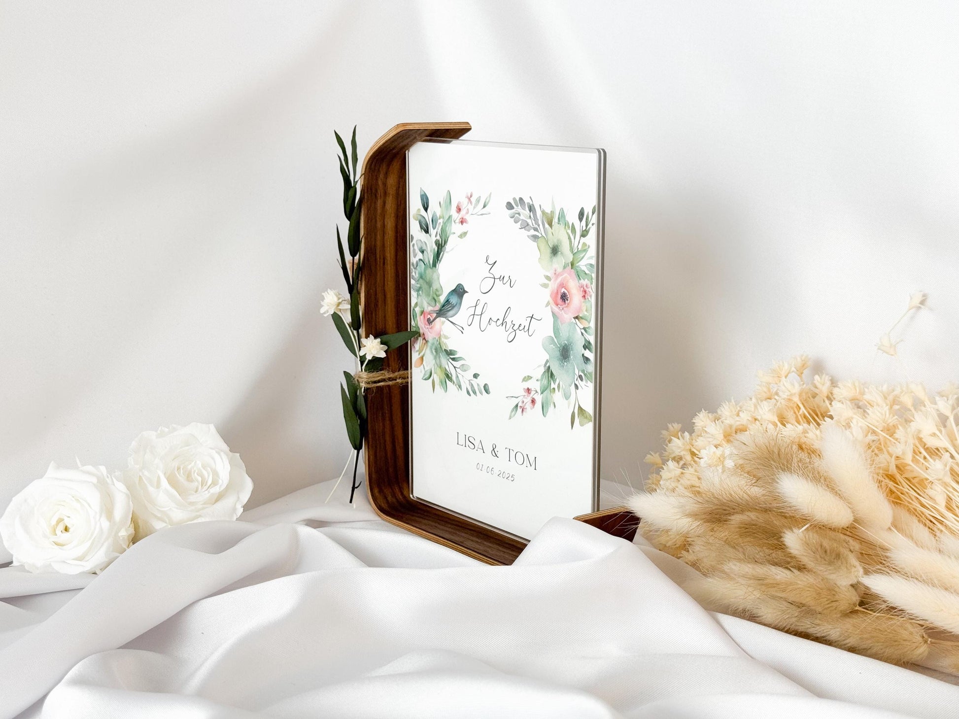 Geldgeschenk zur Hochzeit mit Strauß aus Trockenblumen | Acryl Bilderrahmen | personalisiert | Hochzeitsgeschenk | Brautpaar Geld Flower