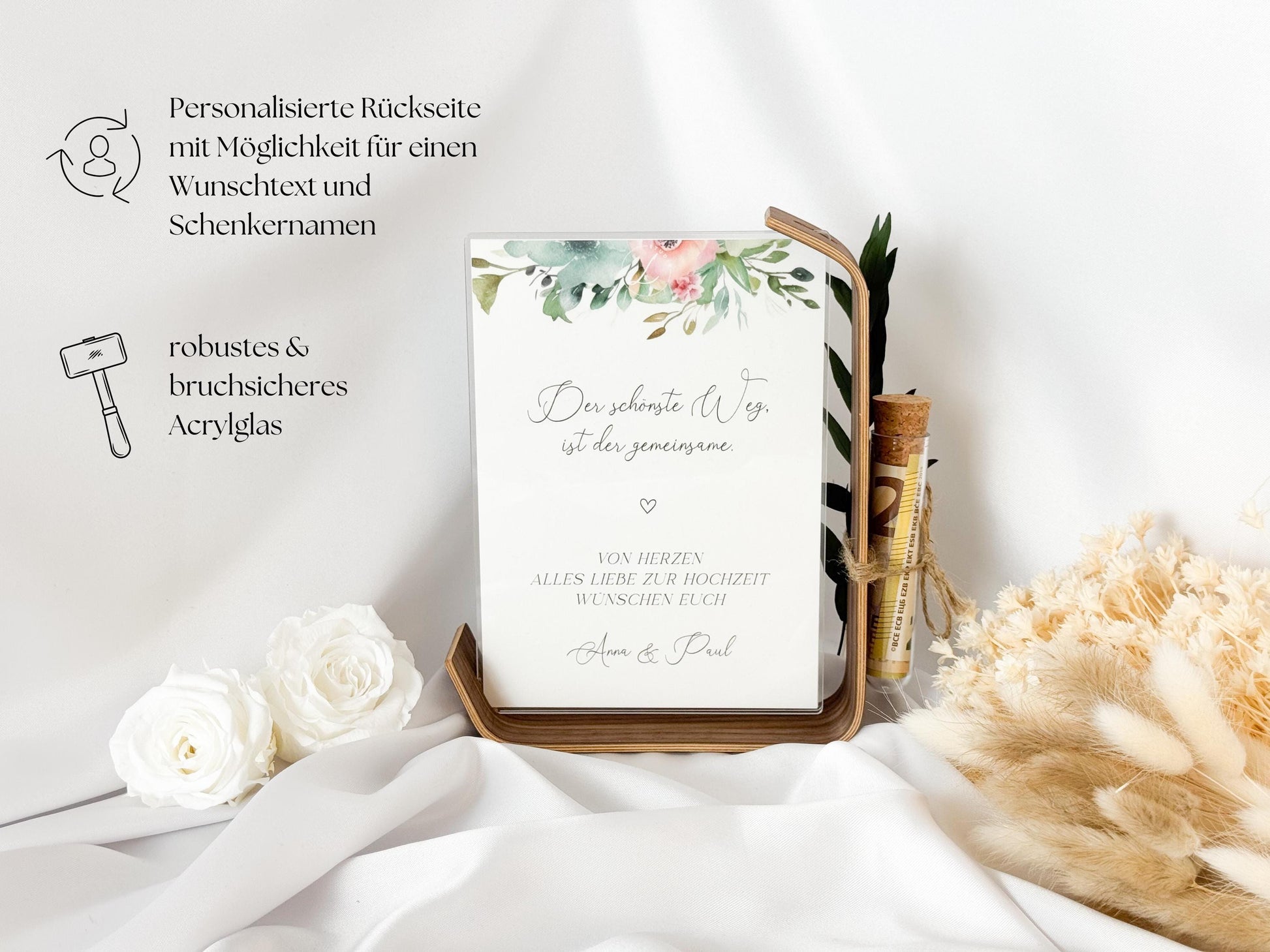 Geldgeschenk zur Hochzeit mit Strauß aus Trockenblumen | Acryl Bilderrahmen | personalisiert | Hochzeitsgeschenk | Brautpaar Geld Flower