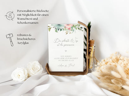 Geldgeschenk zur Hochzeit mit Strauß aus Trockenblumen | Acryl Bilderrahmen | personalisiert | Hochzeitsgeschenk | Brautpaar Geld Flower