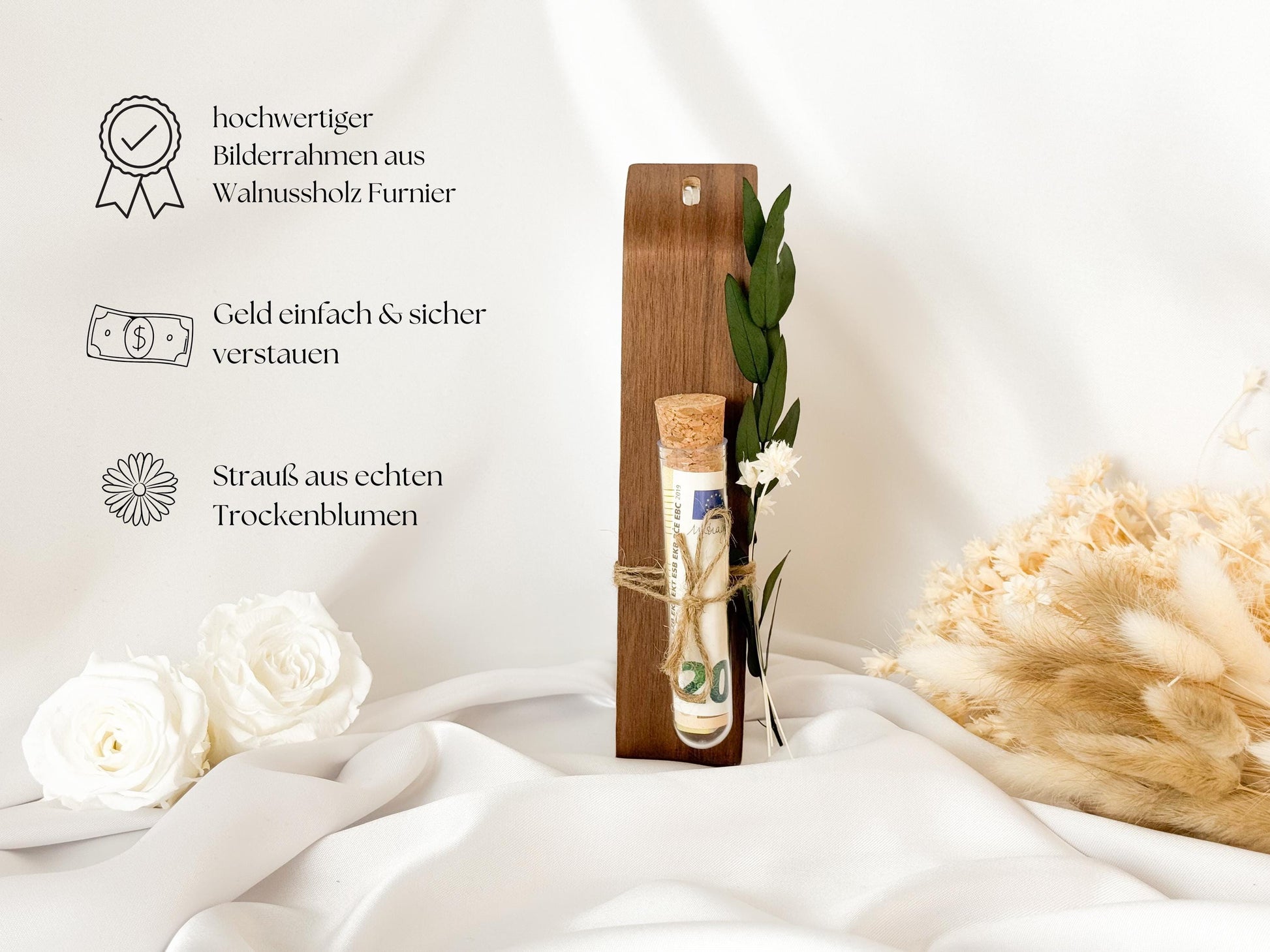 Geldgeschenk zur Hochzeit mit Strauß aus Trockenblumen | Acryl Bilderrahmen | personalisiert | Hochzeitsgeschenk | Brautpaar Geld Flower